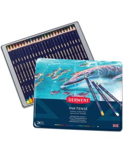 Derwent Inktense Pencils Tin, Set of 24, 4mm Round Core, Firm Texture, Watersoluble