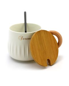 Ceramic Coffee or Tea Mug with Handle, Lid and with Spoon - "Sevenity" Beigh