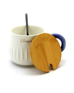 Ceramic Coffee or Tea Mug with Handle, Lid and with Spoon - "Rhapsody" Blue