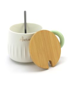 Ceramic Coffee or Tea Mug with Handle, Lid and with Spoon - "Aurora" Green