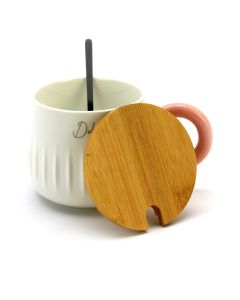 Ceramic Coffee or Tea Mug with Handle, Lid and with Spoon - "Dulcet" Pink