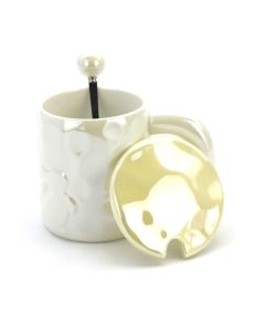 Ceramic Coffee or Tea Mug with Handle, Lid and with Spoon - Pearl white