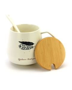 Ceramic Coffee or Tea Mug with Handle, Lid and with Spoon - Belive that you