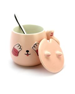 Cute Cat Ceramic Coffee or Tea Mug with Handle, Lid and with Spoon - Pink
