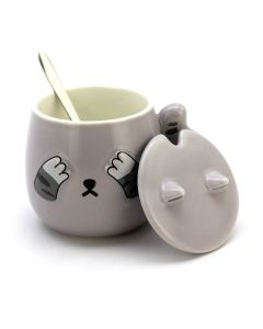 Cute Cat Ceramic Coffee or Tea Mug with Handle, Lid and with Spoon - Purple