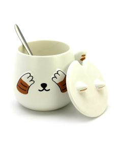 Cute Cat Ceramic Coffee or Tea Mug with Handle, Lid and with Spoon - White