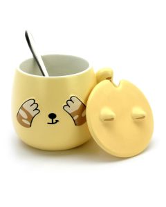 Cute Cat Ceramic Coffee or Tea Mug with Handle, Lid and with Spoon - Yellow