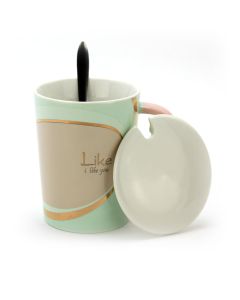 Ceramic Coffee or Tea Mug with Handle, Lid and with Spoon - Like