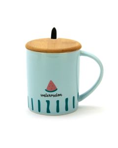 Fancy Ceramic Coffee or Tea Mug with Handle, Lid and with Spoon - Watermelon