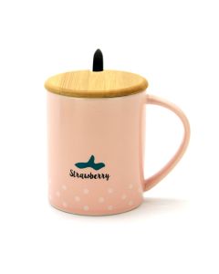 Fancy Ceramic Coffee or Tea Mug with Handle, Lid and with Spoon - Strawberry