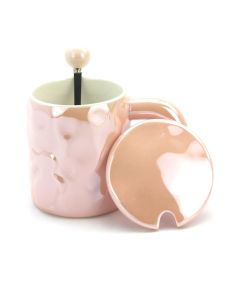 Ceramic Coffee or Tea Mug with Handle, Lid and with Spoon - PINK