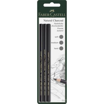 Faber Castell Pitt natural charcoal pencil, set of 3, soft, medium, hard