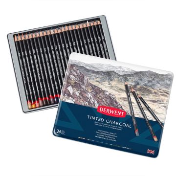 Derwent Tinted Charcoal Pencils, 4mm Core, Metal Tin, 24