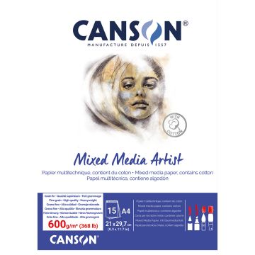 Canson Mixed Media Artist Pad, 600gsm, A4 Glued Pad,