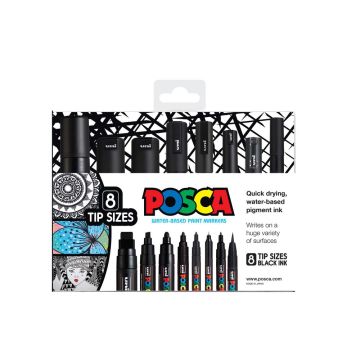Posca Paint Markers - Black, Set of 8, Assorted Tips