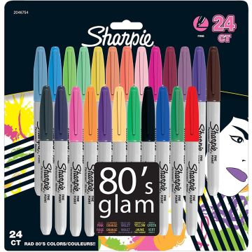 Sharpie Permanent Markers, Fine Point, 80s Glam Colors, 24 Pack